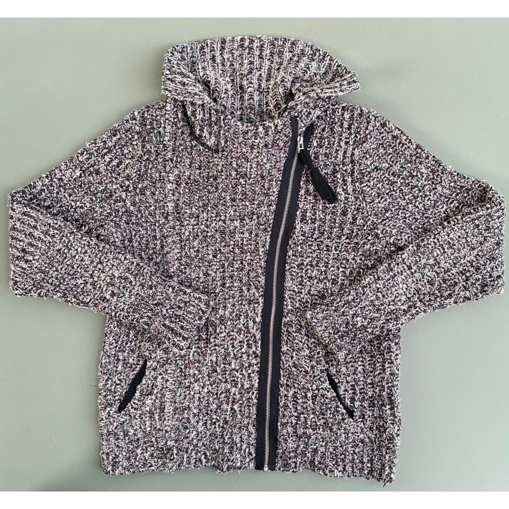 Free People Womens Moto Zip Chunky Knit Cardigan Marled Black White Pink M